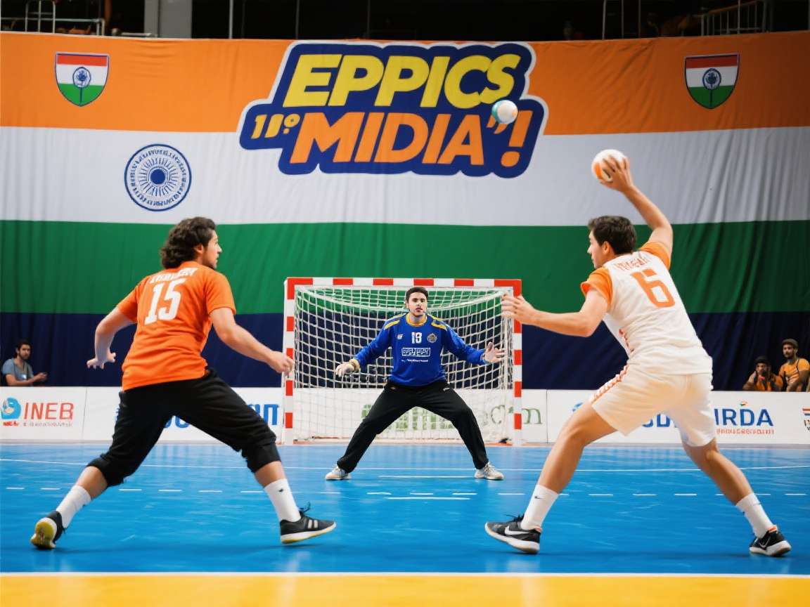 Epic Handball Battles: India - Intense Match Action Epic Handball Battles: India gameplay showing intense match between Punjab Warriors and Tamil Tigers in a packed stadium