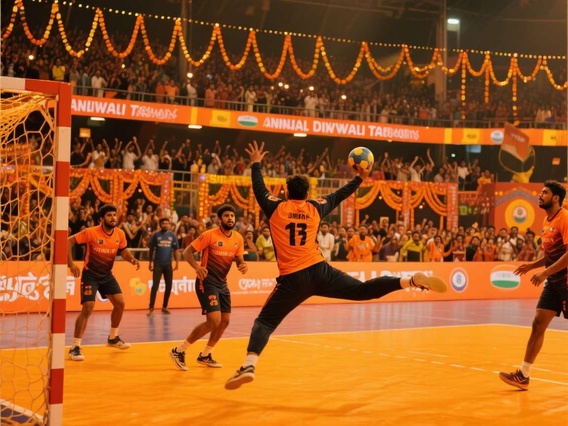 Epic Handball Battles: India Diwali Tournament Epic Handball Battles: India Diwali tournament poster with Indian festival decorations and players in traditional attire